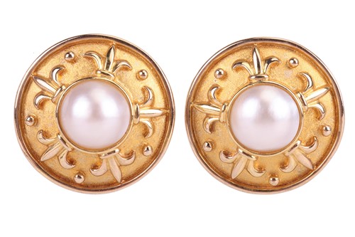 Lot 32 - A pair of mabé pearl clip-on earrings in 9ct...