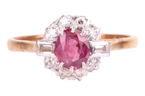 Lot 140 - A ruby and diamond cluster ring, centred with...