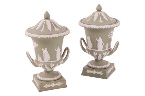 Lot 283 - Pair of sage green Wedgwood jasperware vases...