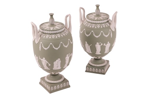 Lot 242 - A near pair of sage green Wedgwood jasperware...