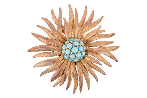 Lot 67 - A turquoise-set sunburst brooch, centred with...