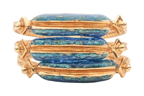 Lot 84 - An enamelled stacking trilogy ring, each with...