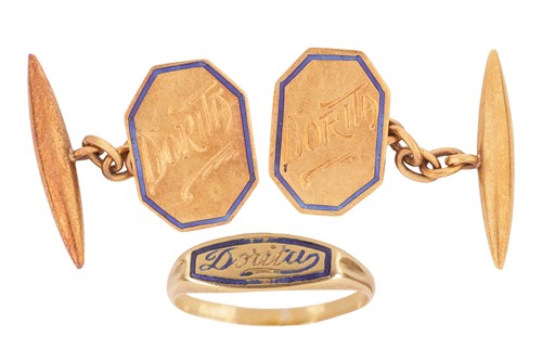 Lot 64 - A pair of cufflinks with a matching ring, the...