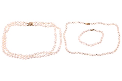 Lot 181 - Two cultured pearl necklaces and a bracelet;...