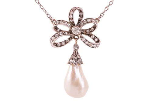 Lot 2 - A diamond and natural pearl drop necklace, the...