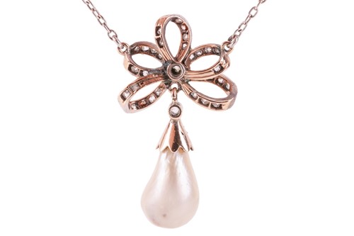 Lot 2 - A diamond and natural pearl drop necklace, the...