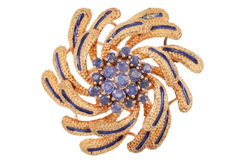 Lot 14 - An enamelled swirl brooch set with sapphires,...