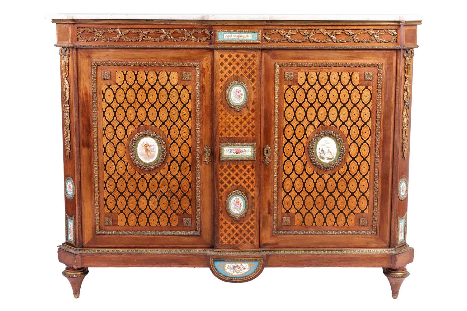 Lot 151 - A French parquetry inlaid, mahogany...
