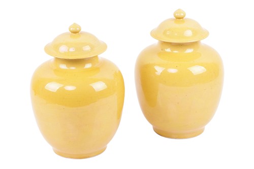 Lot 135 - A pair of Chinese Imperial Yellow porcelain...