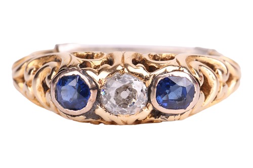 Lot A diamond and sapphire half hoop ring, centred...