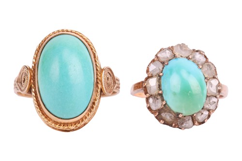 Lot 135 - Two turquoise cabochon rings; the first...