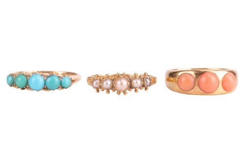 Lot 128 - Three gem-set dress rings; to include a...