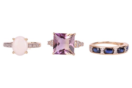Lot 80 - Three gem-set dress rings in 9ct gold; to...