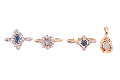 Lot 79 - Three gem-set rings and a pendant; including a...