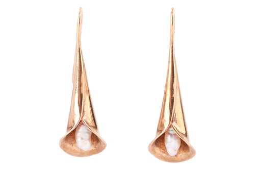 Lot 6 - A pair of pearl-set earrings of Calla lily...