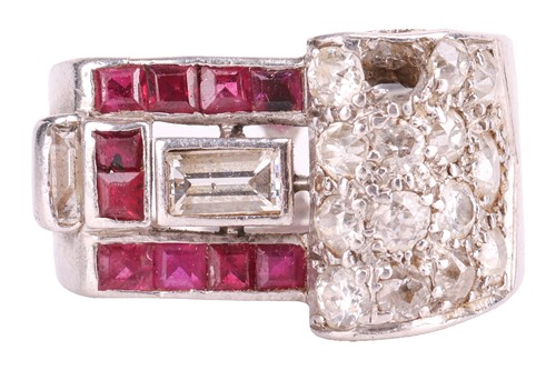 Lot 67 - A diamond and ruby dress ring, circa 1940s, of...