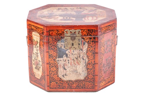 Lot 68 - A Chinese lacquered softwood tea box of canted...