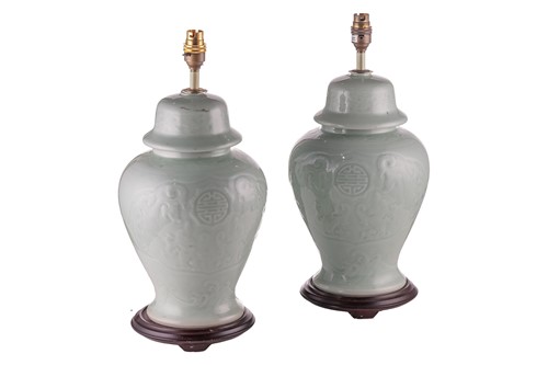 Lot 158 - A pair of modern Chinese decorative celadon...