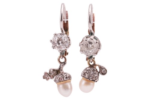 Lot A pair of acorn dormeuse earrings set with...