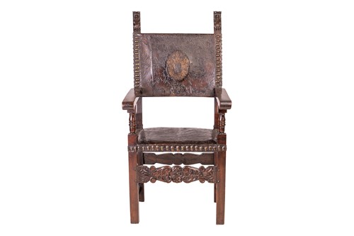 Lot 247 - A Spanish walnut armchair with leather back...