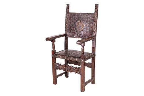 Lot 247 - A Spanish walnut armchair with leather back...