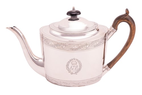 Lot 374 - A George III silver teapot, of oval form with...