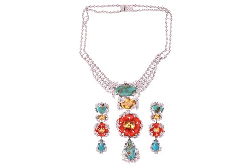 Lot 57 - A floral necklace and earrings ensuite set...