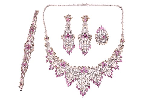 Lot 60 - A pink sapphire and diamond parure comprising...