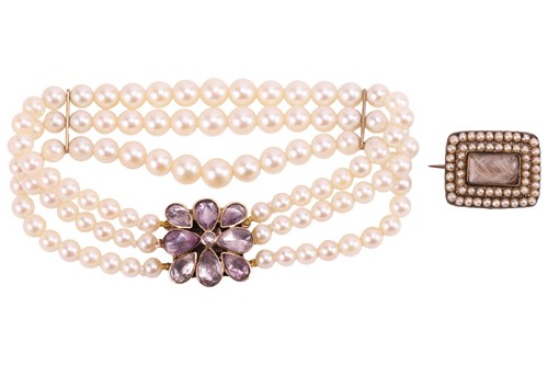 Lot 204 - A three-row graduated pearl bracelet and a...