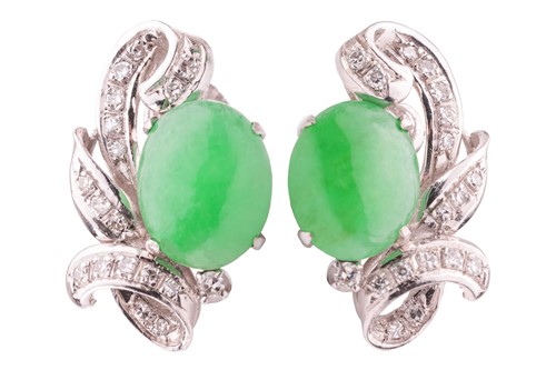 Lot 33 - A pair of jade and diamond earrings, each...