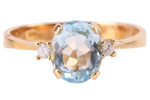 Lot 188 - An aquamarine and diamond three-stone ring,...