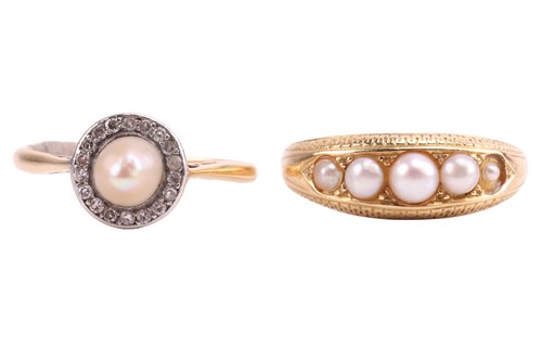 Lot Two pearl-set dress rings; the first centred...