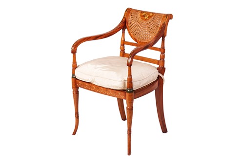 Lot 216 - A Regency-style painted satinwood open-arm...