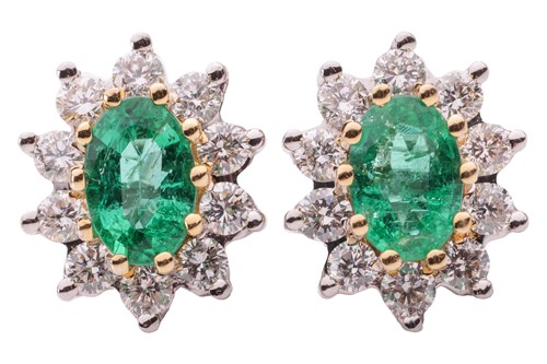 Lot 11 - A pair of emerald and diamond cluster earrings,...