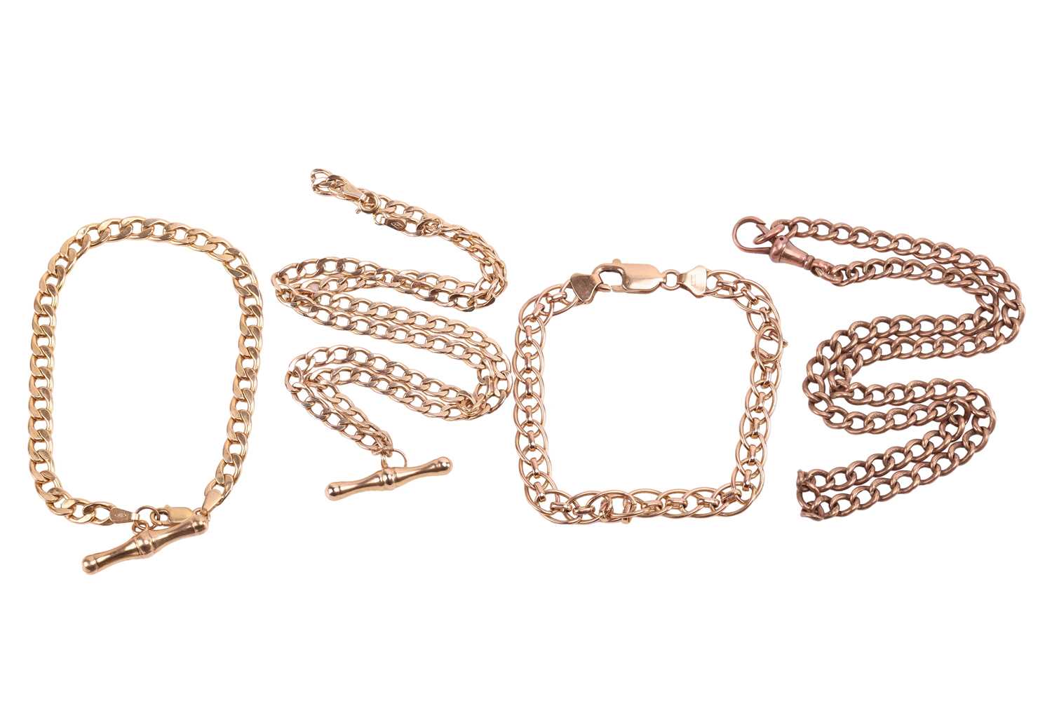 Lot 57 - Four chains in 9ct gold; to include a flat