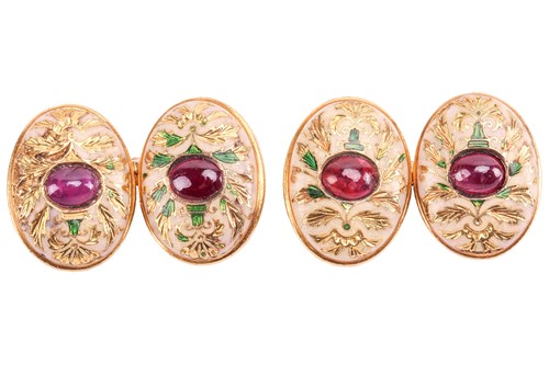 Lot 2 - A pair of Edwardian ruby-set enamel cufflinks,...