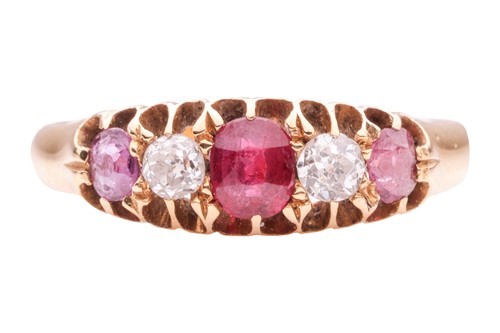 Lot 196 - A ruby and diamond five-stone ring, claw-set...