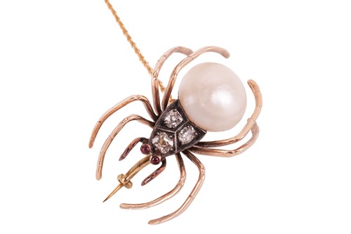 Lot 236 - A ruby, diamond and pearl spider brooch, the...