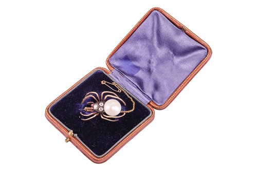 Lot 236 - A ruby, diamond and pearl spider brooch, the...