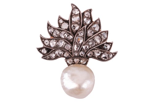 Lot 37 - A diamond and pearl brooch the baroque creamy...