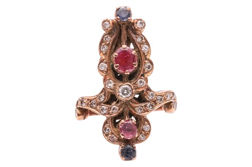 Lot 60 - A diamond, ruby and sapphire dress ring, of...