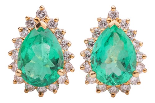 Lot 83 - A pair of emerald and diamond cluster earrings,...