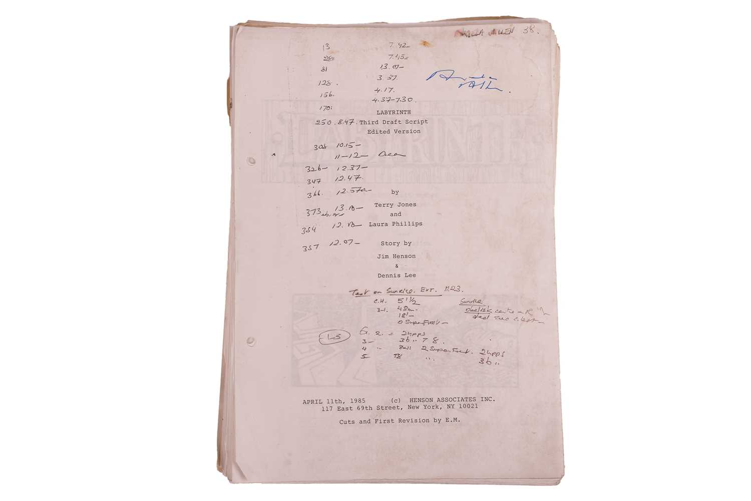 Lot 313 - Labyrinth (1986) Original Production Script