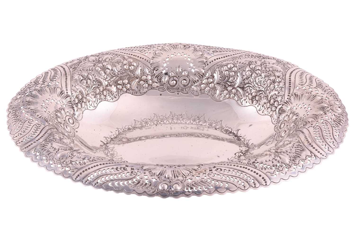 Lot 372 - A Victorian silver fruit bowl; oval with wide...