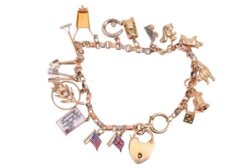 Lot 46 - A charm bracelet, comprising a three-toned...