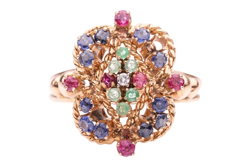 Lot 241 - A multi-gem dress ring, featuring emeralds and...