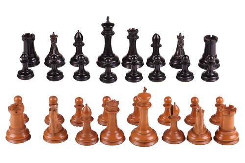 Lot 215 - A Staunton pattern boxwood and ebony chess set,...