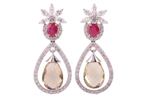 Lot 45 - A pair of gem-set drop earrings, each cluster...