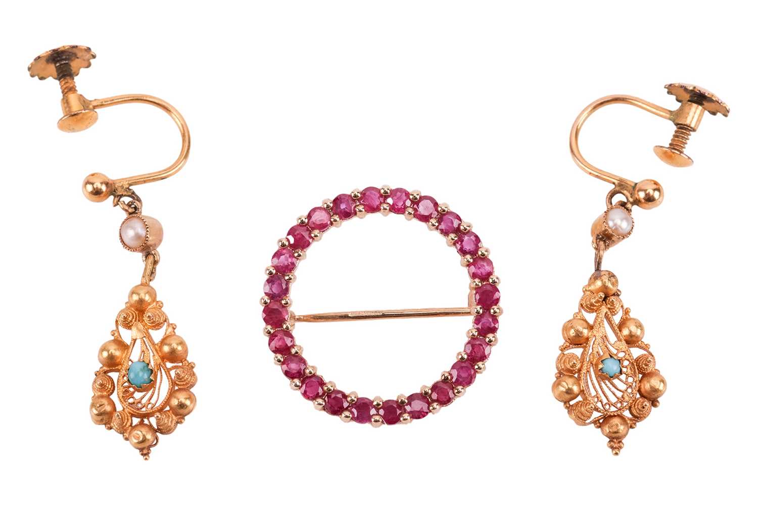 Lot 37 - A ruby-set circle brooch and a pair of pendant...