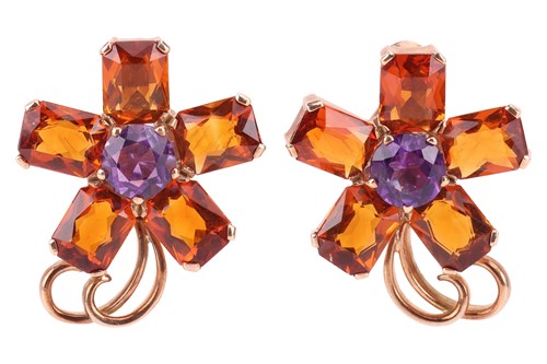 Lot A pair of citrine and amethyst floral earrings,...